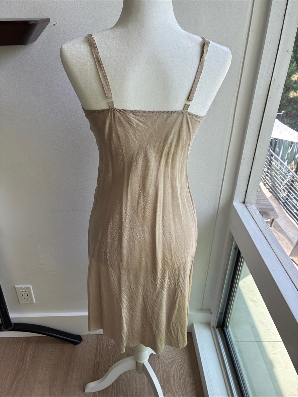 Vintage Beige 100% Silk Slip Dress with Adjustable Grosgrain Straps - Picture 2 of 5